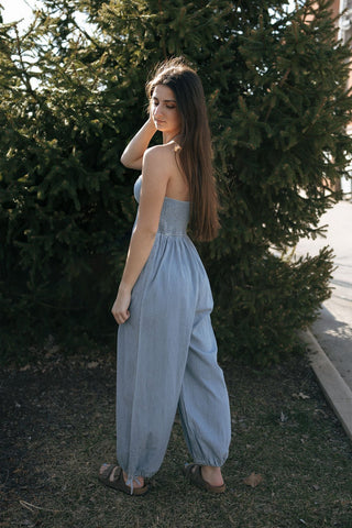 Chambray Halter Jumpsuit *final sale - The Red Thread Boutique