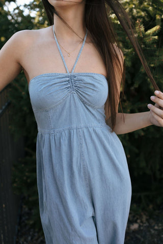Chambray Halter Jumpsuit *final sale - The Red Thread Boutique