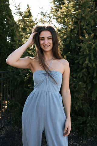 Chambray Halter Jumpsuit *final sale - The Red Thread Boutique