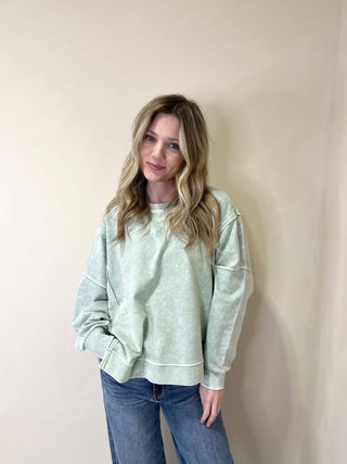 Clara Acid Wash Pullover, Mint - The Red Thread Boutique