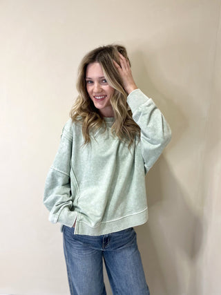Clara Acid Wash Pullover, Mint - The Red Thread Boutique