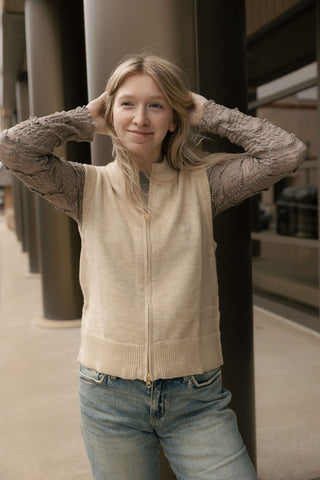 Double Zip Sleeveless Sweater, Tan - The Red Thread Boutique