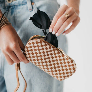 Dylan Woven Sunglass Case Wristlet: Checkered Brown - The Red Thread Boutique