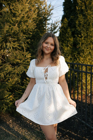 Eyelet Denim Dress, White *final sale - The Red Thread Boutique