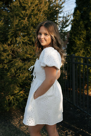 Eyelet Denim Dress, White *final sale - The Red Thread Boutique
