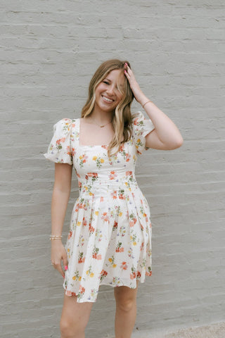Floral Square Neck Dress, Cream *final sale - The Red Thread Boutique