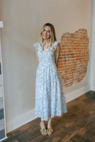 Floral V Neck Midi Dress, Blue - The Red Thread Boutique