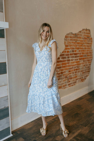 Floral V Neck Midi Dress, Blue - The Red Thread Boutique