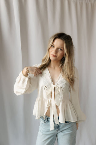Freya Eyelet Tie Top, White - The Red Thread Boutique