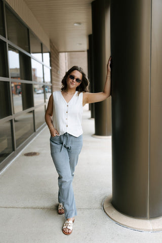 Front Tie Denim Pants, Blue Grey *final sale - The Red Thread Boutique