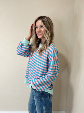 Harlow Stripe Pullover, Teal/Pink - The Red Thread Boutique