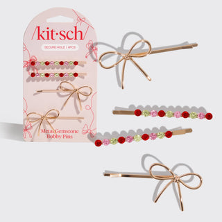Holiday Gemstone and Bow Bobby Pins 4pc Set - The Red Thread Boutique