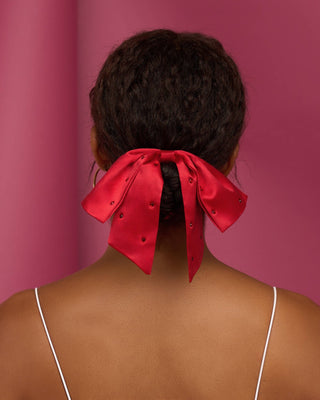 Holiday Satin & Rhinestone Bow Scrunchie - The Red Thread Boutique