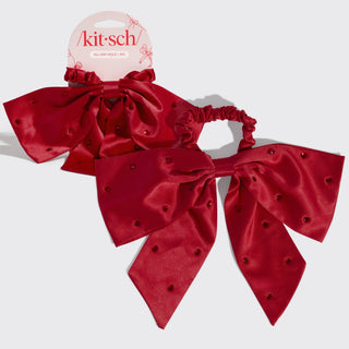 Holiday Satin & Rhinestone Bow Scrunchie - The Red Thread Boutique