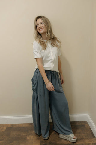 Isla Linen Pocket Pleated Pants, Denim - The Red Thread Boutique