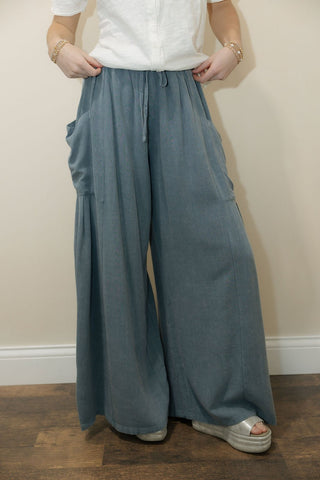 Isla Linen Pocket Pleated Pants, Denim - The Red Thread Boutique