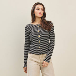 Jewel Button Stripe Top, Black *final sale* - The Red Thread Boutique