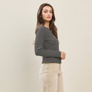 Jewel Button Stripe Top, Black *final sale* - The Red Thread Boutique