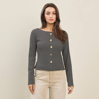 Jewel Button Stripe Top, Black *final sale* - The Red Thread Boutique