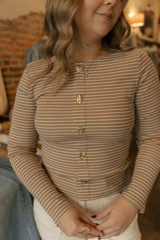 Jewel Button Stripe Top, Taupe - The Red Thread Boutique