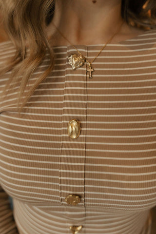 Jewel Button Stripe Top, Taupe - The Red Thread Boutique