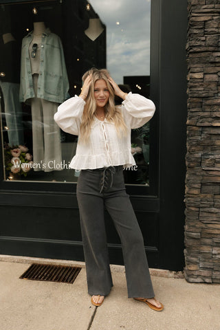 Lace Up Stretchy Pants, Charcoal *final sale* - The Red Thread Boutique
