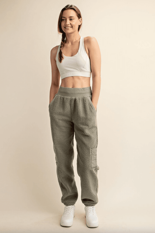 Micro Sherpa Pants, Sage *final sale - The Red Thread Boutique