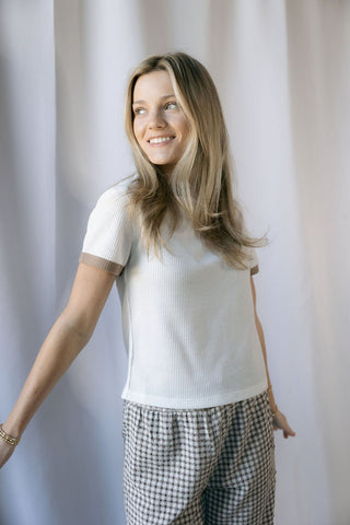 Mila Waffle Tee, White/Mocha - The Red Thread Boutique