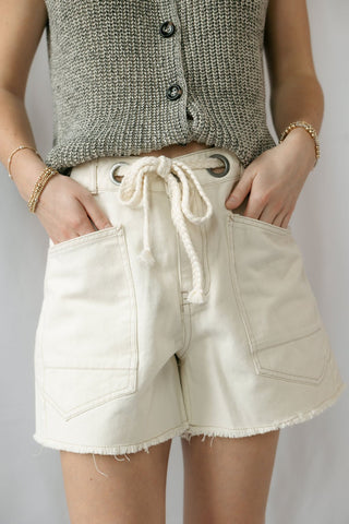 Millie Drawstring Shorts, Ecru - The Red Thread Boutique