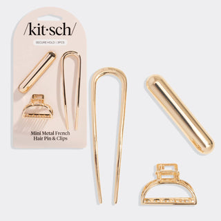 Mini Metal French Hair Pin & Clips 3pc Set - Gold - The Red Thread Boutique