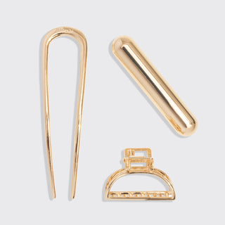 Mini Metal French Hair Pin & Clips 3pc Set - Gold - The Red Thread Boutique