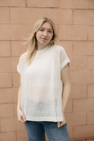 Open Knit Crew Sweater, White - The Red Thread Boutique