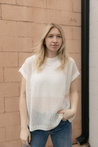 Open Knit Crew Sweater, White - The Red Thread Boutique
