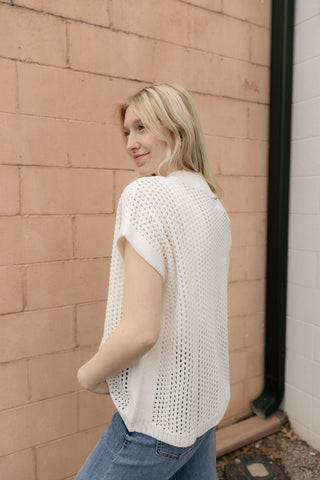 Open Knit Crew Sweater, White - The Red Thread Boutique