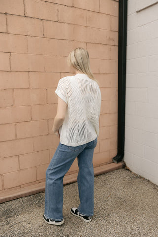 Open Knit Crew Sweater, White - The Red Thread Boutique