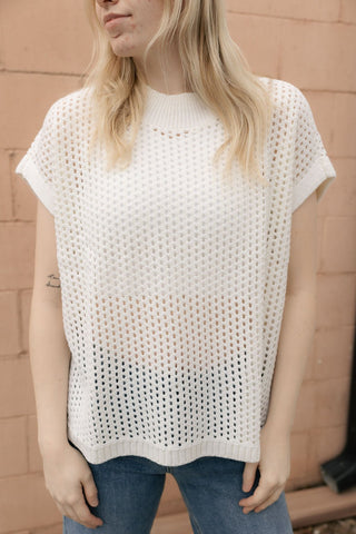 Open Knit Crew Sweater, White - The Red Thread Boutique