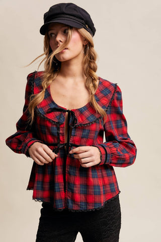 Plaid Velvet Trim Holiday Blouse, Red *final sale - The Red Thread Boutique