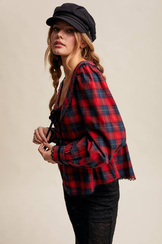 Plaid Velvet Trim Holiday Blouse, Red *final sale - The Red Thread Boutique