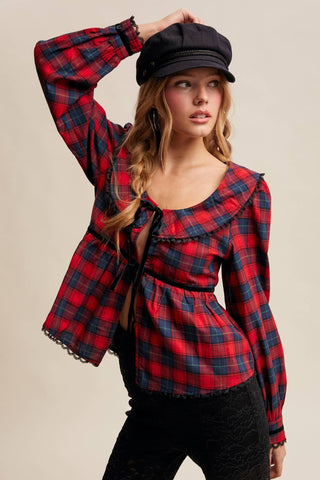 Plaid Velvet Trim Holiday Blouse, Red *final sale - The Red Thread Boutique