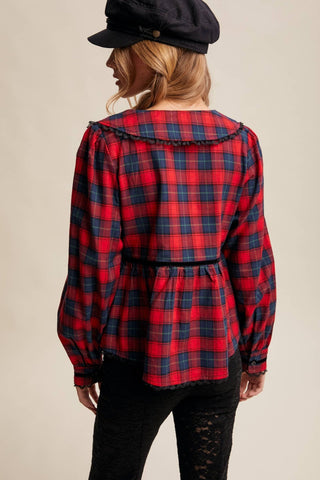 Plaid Velvet Trim Holiday Blouse, Red *final sale - The Red Thread Boutique