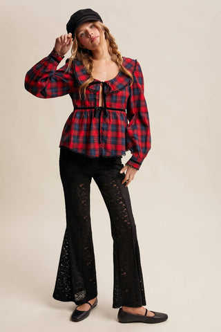 Plaid Velvet Trim Holiday Blouse, Red *final sale - The Red Thread Boutique
