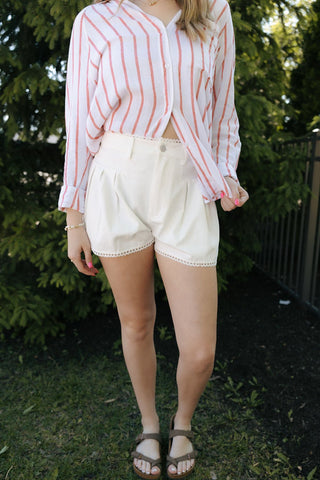 Pleated Lace Trim Shorts, White *final sale* - The Red Thread Boutique