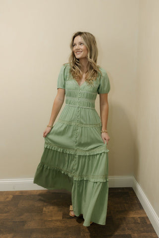 Quincy Smocked Button Tiered Dress, Mint - The Red Thread Boutique