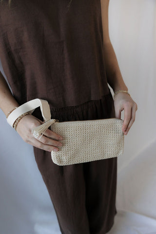 Rome Raffia Clutch Card Wallet Wristlet, Cream - The Red Thread Boutique