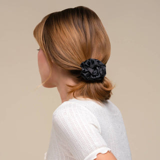 Rosette Ruched Satin Scrunchies 3pc Set - Black - The Red Thread Boutique