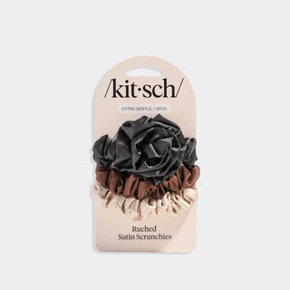 Rosette Ruched Satin Scrunchies 3pc Set - Black - The Red Thread Boutique