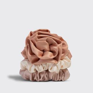 Rosette Ruched Satin Scrunchies 3pc Set - Terracotta - The Red Thread Boutique