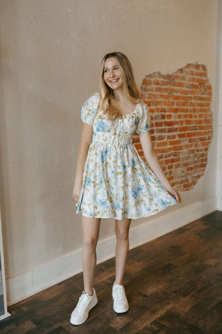 Shirred Floral Mini Dress, Blue *final sale - The Red Thread Boutique