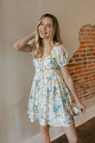 Shirred Floral Mini Dress, Blue *final sale - The Red Thread Boutique