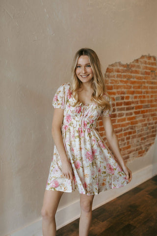 Shirred Floral Mini Dress, Pink *final sale - The Red Thread Boutique